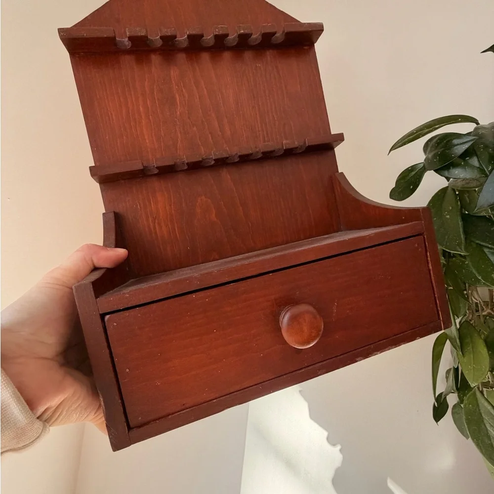 Vintage Wooden Wall Shelf with Drawer - Rich Mahogany Tone